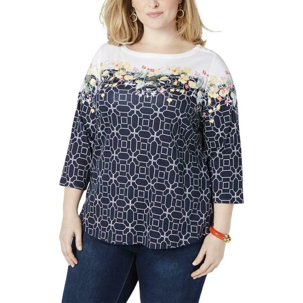 Charter Club Geometric Floral 3/4 Sleeve Top 0x